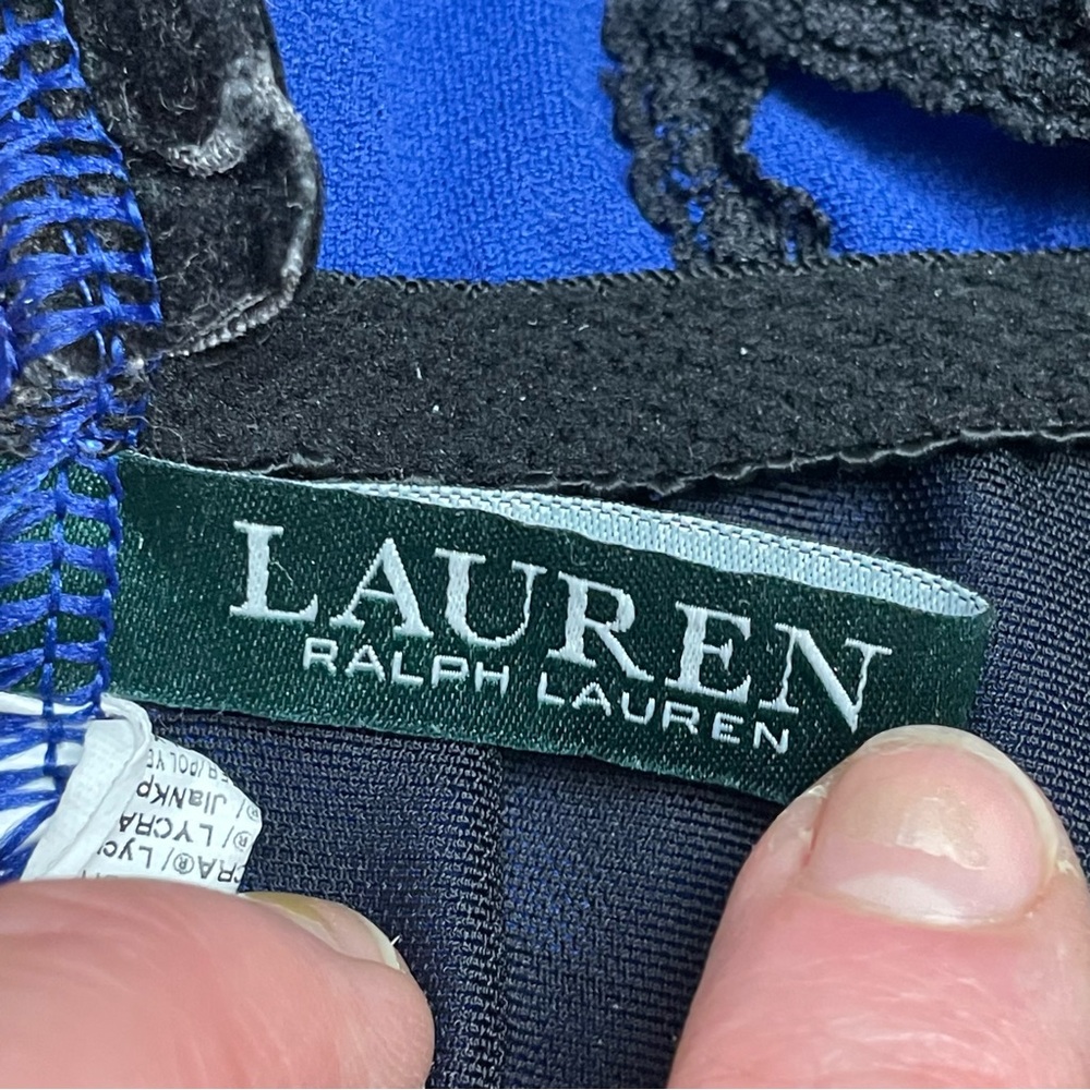 Lauren Ralph Lauren Womens Blue White Ruched Halter One Piece Swimsuit Sz 14 - Picture 4 of 6